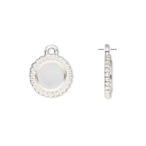 Drop, silver-finished brass, 13mm single-sided beaded round with 8mm round setting. Sold per pkg of 10. image number 0