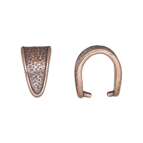 Bail, TierraCast®, "Hammertone" collection, ice-pick, antique copper-plated pewter (tin-based alloy), 16x9mm with hammered design and 12mm grip. Sold per pkg of 20. image number 0