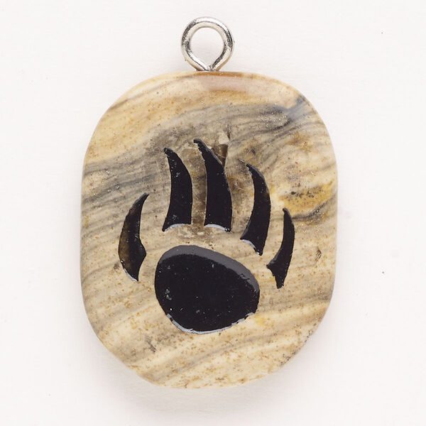 Focal, steel/picture jasper (natural)/enamel, pkg/1, silver finish and black, 32x25mm single-sided puffed freeform with bear claw, B grade. image number 0