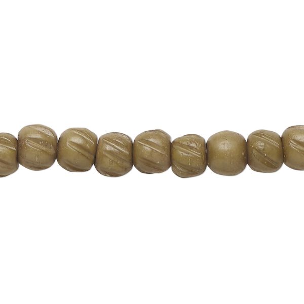 Bead, bone (dyed), khaki, 5x4mm corrugated barrel, Mohs hardness 2-1/2. Sold per 15-1/2" to 16" strand. image number 0