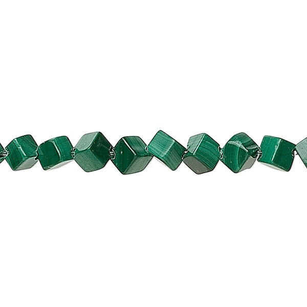 Bead, malachite (natural), 4x4mm diagonally drilled cube, B grade, Mohs hardness 3-1/2 to 4. Sold per 16-inch strand. image number 0