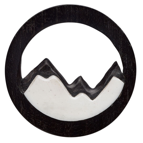 Focal, arang wood and bone (bleached), 34mm hand-carved single-sided cutout mountains, Mohs hardness 2-1/2. Sold individually. image number 0