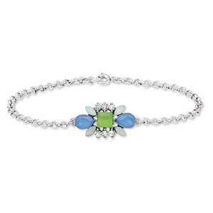 Bracelet, acrylic / glass rhinestone / silver-plated steel / "pewter" (zinc-based alloy), multicolored, 25x15mm flower, 7-1/2 inches with springring clasp. Sold individually.