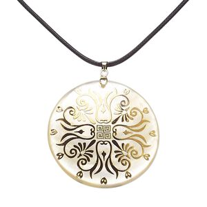 Necklace, gold lip shell (coated) / waxed cotton cord / gold-finished brass, gold and black, 50mm round with Greek key decal, 18 inches with 3-inch extender chain and lobster claw clasp. Sold individually.