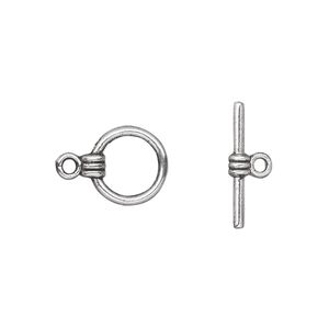 Clasp toggle 1pkg20 silver-plated "pewter" (zinc alloy), 10mm double-sided round, antique 1-strand