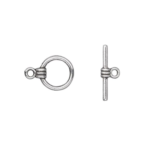 Clasp toggle 1pkg20 silver-plated "pewter" (zinc alloy), 10mm double-sided round, antique 1-strand image number 0