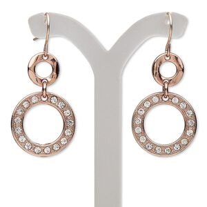 Earring, glass rhinestone with copper-finished brass and "pewter" (zinc-based alloy), clear, 44mm with double circle and fishhook ear wire. Sold per pair.