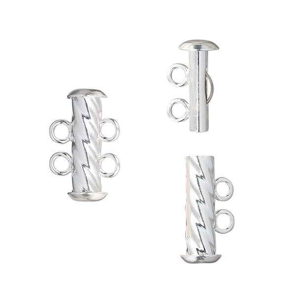Clasp, 2-strand slide lock, silver-plated brass, 16x6mm corrugated round tube. Sold per pkg of 4. image number 0