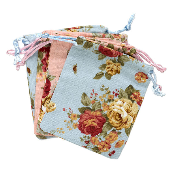 Pouch, cotton and satin, blue / pink / multicolored, 4-3/4 x 3-3/4 inch rectangle with leaf and rose pattern with drawstring. Sold per pkg of 4. image number 0