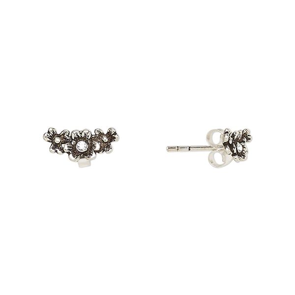 Earstud, Create Compliments®, antiqued sterling silver and crystal, clear, 11.5x5mm flower. Sold per pair. image number 0