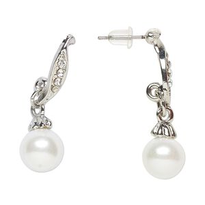 Earring, Everyday Jewelry, antique silver-finished "pewter" (zinc-based alloy) / glass / acrylic pearl, clear and white, 33mm with post. Sold per pair.