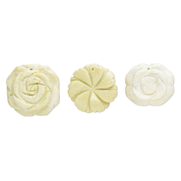 Peridot new "jade" 1pkg3, top-drilled carved flower focal natural B- grade, mix 34x30mm-37x37mm image number 0