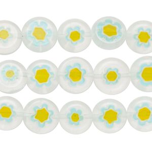 Bead mix, millefiori glass, clear, white, yellow and blue, 10-11mm puffed flat round with flower design. Sold per pkg of (3) 14-inch strands.