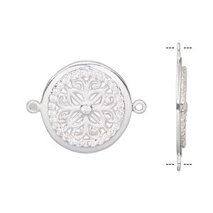 Link, sterling silver and cubic zirconia, clear, 20mm single-sided flat round with flower design. Sold individually.