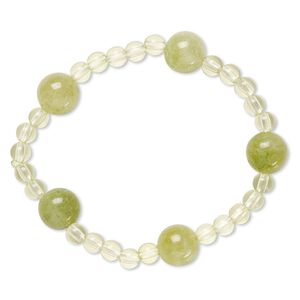Bracelet, stretch, quartz (dyed) and acrylic, green and light green, 5mm and 12mm round, 6 inches. Sold individually.