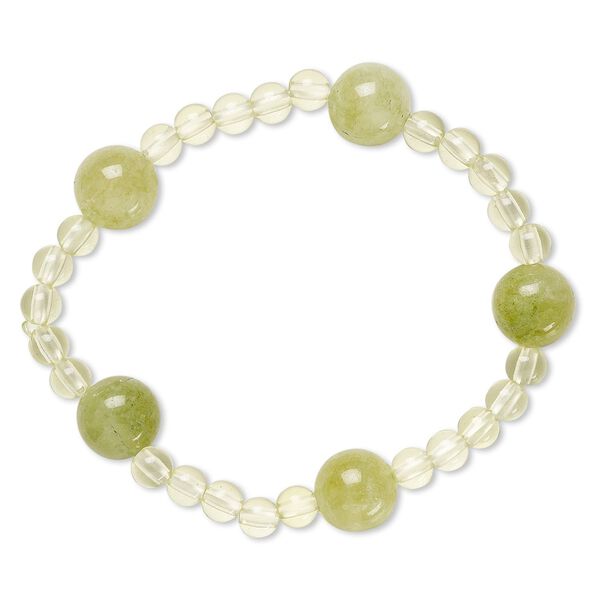 Bracelet, stretch, quartz (dyed) and acrylic, green and light green, 5mm and 12mm round, 6 inches. Sold individually. image number 0