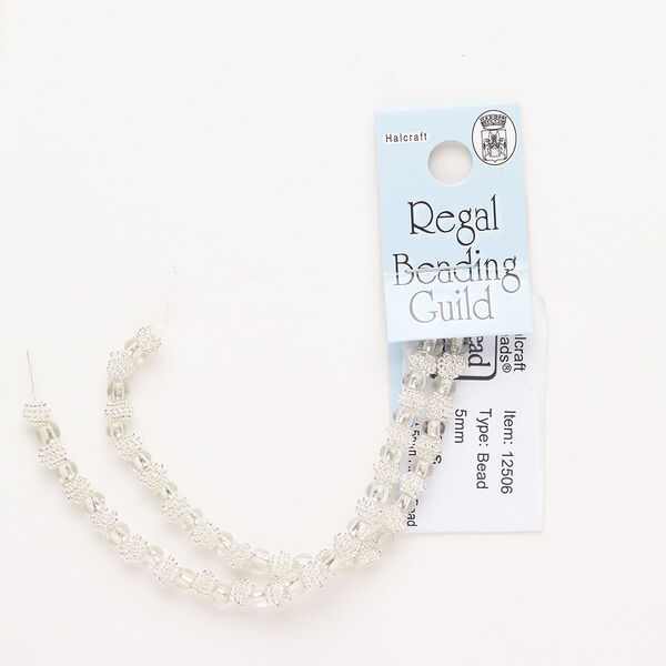 Bead, silver-finished copper and glass, clear, 4-5mm knotted round. Sold per pkg of 33. image number 0