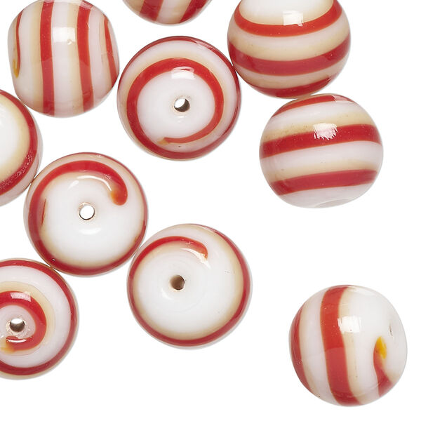 Bead, lampworked glass, opaque red / golden / white, 12mm round. Sold per pkg of 10. image number 0