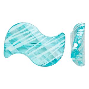 Bead, acrylic, semitransparent blue and white, 35x23mm S-shape with painted line design. Sold per pkg of 24.