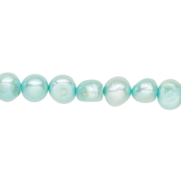 Pearl, cultured freshwater (dyed), light teal, 5-7mm flat-sided potato with 0.4-0.5mm hole, D grade, Mohs hardness 2-1/2 to 4. Sold per 15-inch strand. image number 0