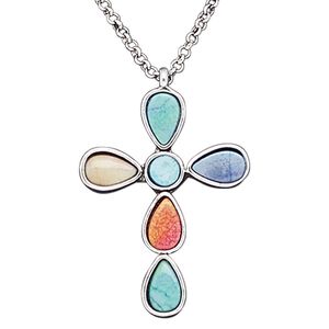 Necklace, resin with silver plate steel and "pewter" (zinc-based alloy), multicolored, 48x30mm cross, 20 inches with 2-inch extender chain and lobster claw clasp. Sold individually.