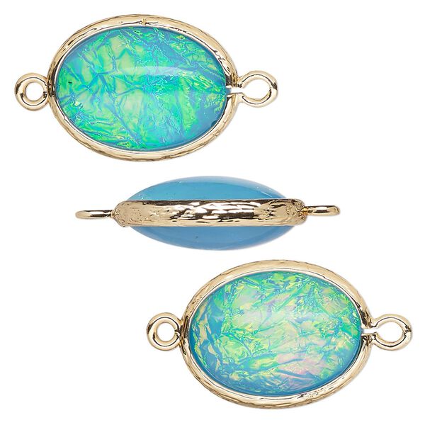 Link, Opalized Ice™, "opal" (resin) and gold-finished brass, light blue, 20x15mm double-sided oval. Sold per pkg of 4. image number 0