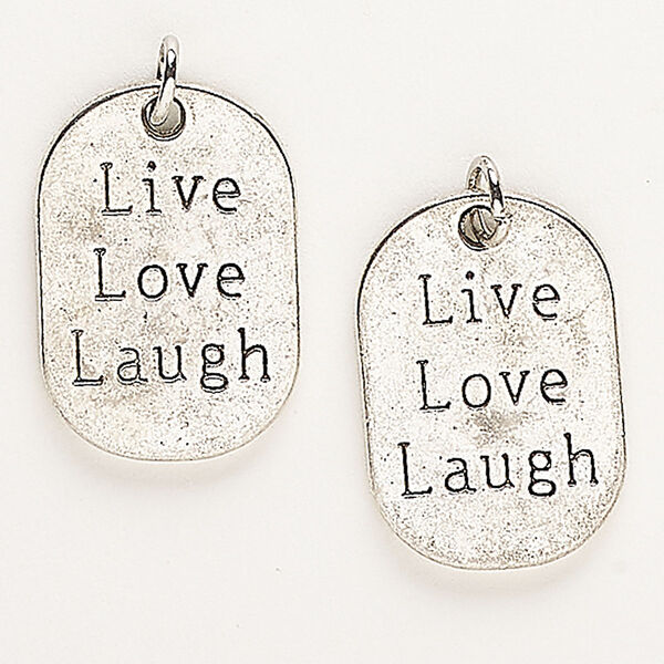 Drop, antique silver-finished "pewter" (zinc-based alloy) and steel, 26x18mm-27x19mm rounded flat rectangle with "Live Love Laugh." Sold per pkg of 2. image number 0