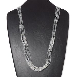 Necklace, 5-strand, glass / silver-finished steel / silver-plated brass, clear AB, 4x4mm double cone and seed bead, 33 inches with 2-inch extender chain and lobster claw clasp. Sold individually.
