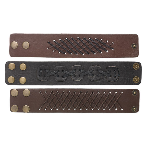 Bracelet mix, leather (dyed) / waxed cotton cord / brass-finished steel, brown and dark brown, 38mm wide, adjustable at 6 and 7 inches with snap closure. Sold per pkg of 3. image number 0