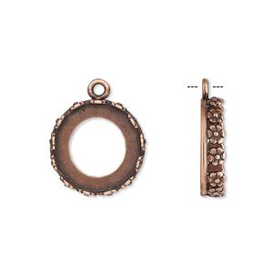 Drop, JBB Findings, antique copper-plated brass, 16mm round with open back and flower design trim, 14mm round bezel setting. Sold per pkg of 2.