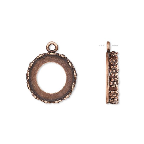 Drop, JBB Findings, antique copper-plated brass, 16mm round with open back and flower design trim, 14mm round bezel setting. Sold per pkg of 2. image number 0