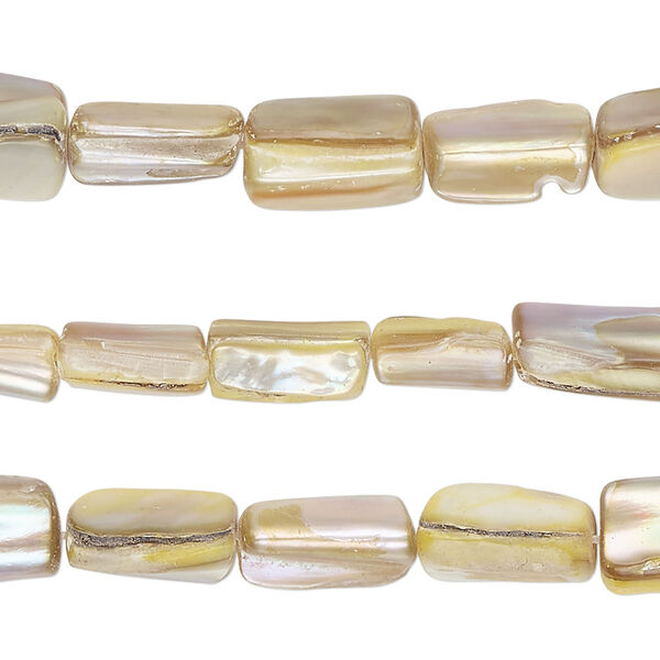 Bead mix, mother-of-pearl shell (dyed), yellow and beige, medium chip and 11x5mm-12x7mm stick, Mohs hardness 3-1/2. Sold per pkg of (3) 15-inch strands. image number 0