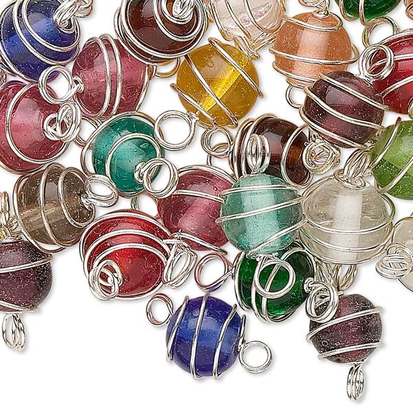 Link mix, glass and silver-finished brass, transparent mixed colors, 8mm wire-wrapped round. Sold per pkg of 50. image number 0
