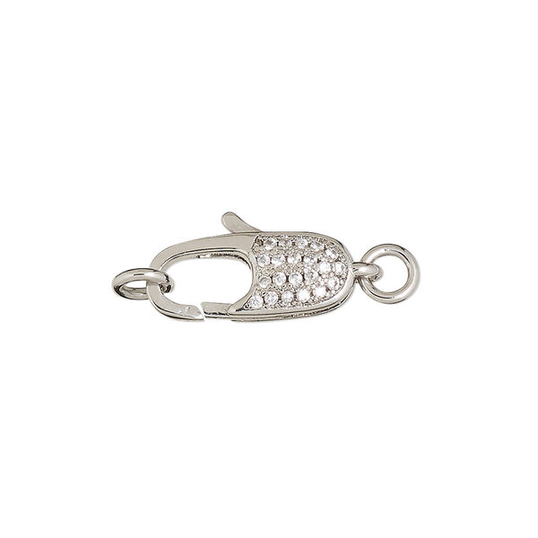 Clasp, lobster claw, cubic zirconia and silver-finished brass, clear, 17x7mm double-sided with (2) 5mm jump rings. Sold individually. image number 0