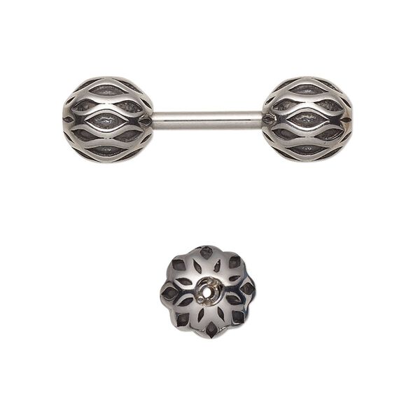 Bead, antiqued stainless steel, 30x9mm round dumbbell. Sold individually. image number 0