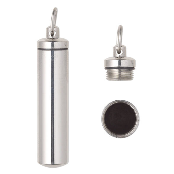 Pendant, Everyday Jewelry, stainless steel, silver, 50x11mm cylinder with watertight chamber. Sold individually. image number 0