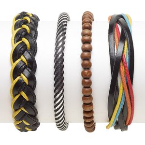 Bracelet mix, Everyday Jewelry, leather (dyed) / faux leather (dyed) / nylon / waxed cotton cord / resin, multicolored, 5-14mm wide, 7-8 inches. Sold per pkg of 4.