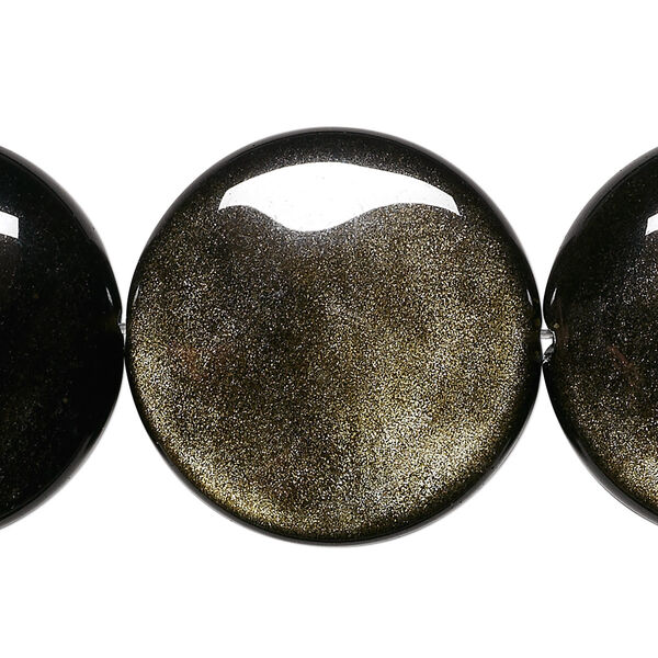 Bead, golden sheen obsidian (natural), 30mm puffed flat round, A grade, Mohs hardness 5 to 5-1/2. Sold per 8-inch strand, approximately 5 beads. image number 0