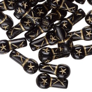 Bead, Czech glass, opaque black and gold, 16x7mm vase with star and line design. Sold per 2-ounce pkg, approximately 55 beads.