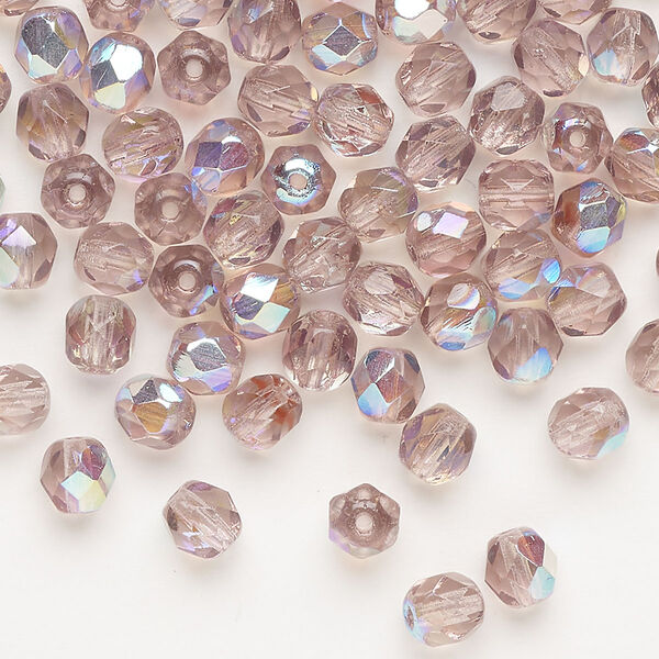 Bead, Czech fire-polished glass, pkg/100, translucent light plum AB, 5mm faceted round. image number 0