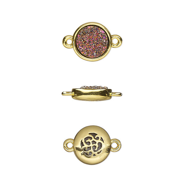 Link, Druzylite™, "druzy" (resin) and gold-finished brass, metallic purple, 9.5mm two-sided round with open filigree back. Sold per pkg of 4. image number 0