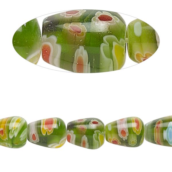 Bead, millefiori glass, translucent dark green and multicolored, 9x7mm-11x8mm teardrop. Sold per 14-inch strand. image number 0
