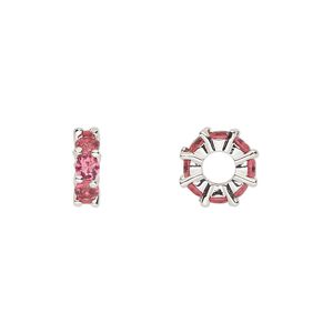 Bead, cubic zirconia and silver-plated brass, fuchsia, 10.5x3.5mm rondelle. Sold per pkg of 2.