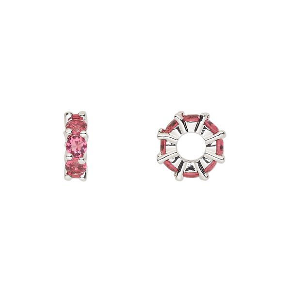 Bead, cubic zirconia and silver-plated brass, fuchsia, 10.5x3.5mm rondelle. Sold per pkg of 2. image number 0