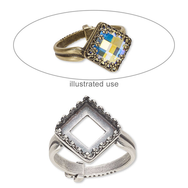 Ring, JBB Findings, antique silver-plated brass, 15.5mm wide with decorative trim and 10x10mm square bezel setting, adjustable from size 6-9. Sold individually. image number 0