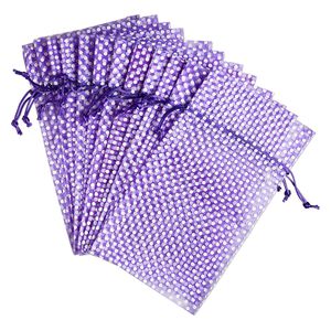 Pouch, organza, purple and white, 10x6 inches with dots pattern and drawstring closure. Sold per pkg of 12.
