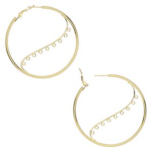 Earring hoop 1pkg10 gold-plated, 58mm round hinged / 9 closed loop, steel 5 pair