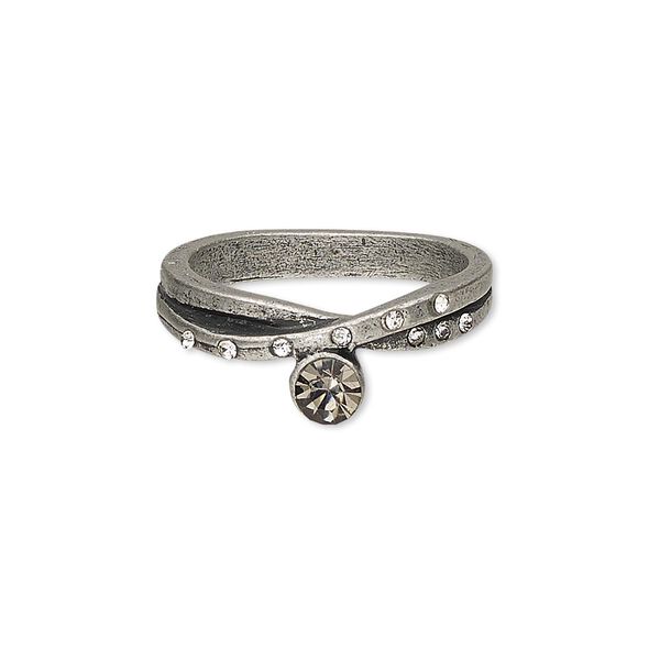 Ring, glass rhinestone and antique silver-finished "pewter" (zinc-based alloy), grey and clear, 7mm wide, size 8. Sold individually. image number 0