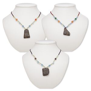 Multi-gemstone / acrylic / glass 1pkg3, freeform pendant necklace mix continuous loop 20 inch 32x27mm-48x36mm