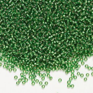 Seed bead, Miyuki, glass, pkg/250g, #15 rocaille, transparent silver-lined green (RR-16).